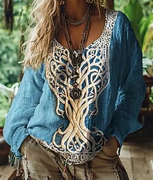 levne -Dámská halenka s grafickým potiskem vintage denní ležérní dlouhý rukáv výstřih do V regular topy kmenové strom života vintage designérský základní potisk dovolená ulice na cesty denní prázdninový potisk modrá léto jaro podzim