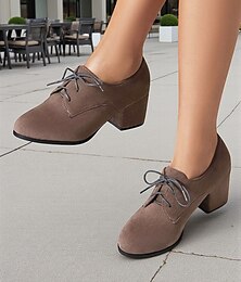 olcso -női barna velúr oxford magassarkú - kényelmes, fűzős, vintage stílusú sétacipő őszi-téli öltözékbe, irodába és mindennapi viseletre