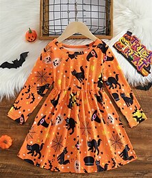 billiga -Halloween Flickor 3D Katt Fladdermus Klänning Långärmad Sommar Vår Semester Dagligen Helgdag Prinsessa Skön Ljuv Barn 4-12 år Vardagsklänning A linjeklänning Knälång Normal