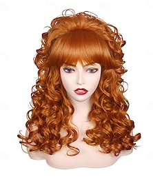 economico -Parrucca cosplay vintage lunga e riccia anni '80 con frangia per donna, costume da regina anni '60 e '70 per la festa di Halloween