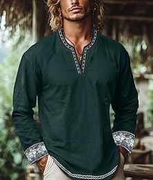 economico -Per uomo Camicia Camicia di lino Camicia popover Camicia Estiva Camicia da Spiaggia Tinta unica Vacanza Casuale Verde Manica Lunga Scollo a V Estate Primavera Abbigliamento Patchwork