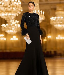 abordables -Robe de soirée sirène en paillettes élégante pour mariage longue à manches longues col ras du cou crêpe extensible avec plumes