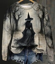 abordables -Sweatshirt femme Halloween à capuche graphique de sorcière mode décontracté à manches longues col rond hauts réguliers streetwear impression décontractée bleu gris clair gris foncé automne hiver