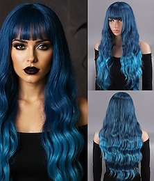 economico -parrucca lunga ondulata color blu tè per donna – calotta completa, aspetto naturale, onde grandi, frangia piena, perfetta per Halloween, cosplay e look alla moda