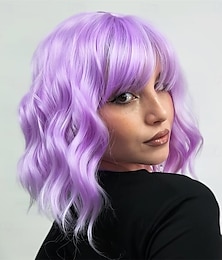 economico -Parrucca viola con frangia, parrucche corte viola chiaro per donne, parrucca ondulata caschetto viola lavanda, parrucche sintetiche per cosplay per feste di Halloween.