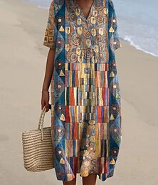 abordables -Femmes Robe Midi Robe d'Été Robe trapèze Vacances Occasionnel Chaussures de plage Soirée Sortir Plage Coupe Ample Graphique Géométrique Manche Courte Col en V Jaune foncé Rose Claire Bleu Orange Ét