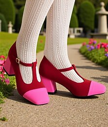 economico -Scarpe da donna con tacco a blocco, cinturino a T rosso e rosa, in stile francese, modello Mary Jane - comode scarpe da passeggio retrò per il tè pomeridiano, le feste, l'ufficio e gli outfit
