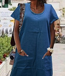 abordables -Femmes Mini Robe Robe Décontractée Robe en coton et lin Robe d'été Basique Moderne Quotidien Week-end Coupe régulière Uni Manche Courte Col en U Bleu Roi Été