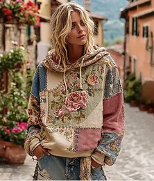 economico -Felpa con Cappuccio 3D Donna Stampata Pullover Maglione Oversize Maniche Lunghe Casual Grafica Floreale Caldo Attivo Cappuccio Top Regolari Abbigliamento Stradale Quotidiano Patchwork Nero Bianco