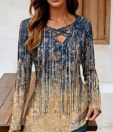 economico -Per donna Maglietta Ombre Grafico A righe Vintage Elegante Classico Manica Lunga Scollo a V Top Regolari Quotidiano Cravatta nappa Stampato Cachi Primavera Autunno