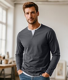 preiswerte -Herren T Shirt Langarm Rundhalsausschnitt Ganzjahres Einfarbig Strickware Täglich Lässig Falscher Zweiteiler Outdoor Urlaub Heim Schwarz Braun Grün Top T-Shirt für Herren