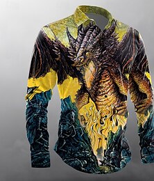economico -Camicia da uomo a maniche lunghe con bottoni e motivo a drago "Into the Fire" di David Lozeau, edizione limitata dell'artista.