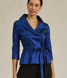 abordables -Mujer Blusa Tops de noche Elegante Metálico Moderno Manga 3/4 Escote en Pico Tops regulares Invitado a la boda Fiesta de Noche Semi-formal corbata frontal Azul Real Primavera, Otoño, Invierno, Verano