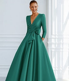 abordables -Robe de soirée trapèze verte et noire, élégante, tenue de cérémonie, longueur au sol, manches 3/4, col en V, poche, satin extensible avec nœud(s), 2025
