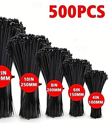 お買い得  -500個入り再利用可能な黒のセルフロックナイロンケーブルタイ、各種サイズ100/150/200/250/300mm、屋内屋外使用、家庭、オフィス、ガーデン、ワークショップのケーブル管理に最適な頑丈なジップタイ