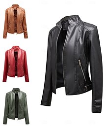 abordables -Mujer Chaqueta de cuero sintético Chaqueta casual Cómodo Transpirable Cremallera Bolsillo Casual Plano Vacaciones Calle Casual Ropa Cotidiana Cremallera Corto Escote Chino Ajuste regular Manga Larga