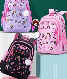 お買い得  -女の子の学校用漫画バックパック - 猫耳とポンポンチャーム付きのかわいいプリントブックバッグ、小学生向けの軽量防水スクールバッグ