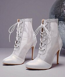 ieftine -Ghete de dans disco cu șireturi și plasă albă pentru femei - ghete retro cu toc înalt pentru petreceri și cluburi vintage