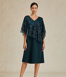 abordables -Femmes Longueur du thé Robe de Cérémonie Robe trapèze Robe cape Élégant Mariage robe demoiselle d honneur Cocktail Coupe régulière Uni Demi Manches Col en V Vert foncé Été Printemps Automne