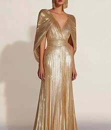 billige -Gull paljett A-linje aftenkjole elegant kjole formelt bryllup gulvlang korte ermer v-hals kapper lurex stoff med folder 2025