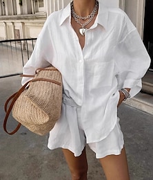 preiswerte -Damen 100% Baumwolle elegant Urlaub Vintage Shorts Sets Langarm Hemd Kragen schlicht Urlaub lässig täglich weiß Sommer
