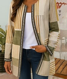 abordables -Mujer chaqueta Resistente al Viento Mantiene abrigado Bolsillo Bloque de Color Moderno Geométrico Casual Diario Casual Diario Regular Cuello redondo Holgado Manga Larga Ropa de calle Negro Amarillo