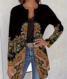 preiswerte -Damen Freizeitjacke Bequem Atmungsaktiv Tasche Elegant Vintage Mode Täglich Geometrisch Urlaub Alltagskleidung Offene Vorderseite Regulär Rundhalsausschnitt Lässiger Schnitt Langarm Oberbekleidung