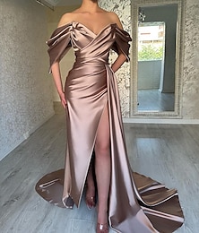 levne -Večerní šaty s mořskou pannou / trubkou, elegantní šaty, formální svatební šaty, vlečka, splývavé šaty bez rukávů, saténové s řasením, rozparkem 2025