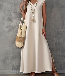 Недорогие -Жен. Длинное платье Платье A-силуэта Летнее платье На каждый день Повседневные Стандартный Полотняное плетение Без рукавов V-образный вырез Черный Белый Светло-лиловый Зеленый Лето