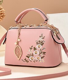 economico -Borsa a mano da donna in similpelle ricamata a fiori con ciondolo a forma di foglia – elegante borsa a tracolla con manico superiore per l'uso quotidiano, il lavoro e le uscite primaverili