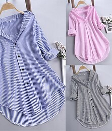 abordables -Mujer Chaqueta casual Chaquetón Cómodo Transpirable Bolsillo Botones Estampado Casual Raya Vacaciones Calle Ropa Cotidiana Noche Botonadura Simple Largo Escote Chino Ajuste regular Manga Larga Ropa