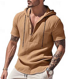 economico -Per uomo Camicia Camicia di lino Camicia popover Camicia casual Camicia di cotone Semplice Vacanza Streetwear Nero Bianco Blu marino Marrone Manica Corta Con Cappuccio Estate Abbigliamento Allacciato