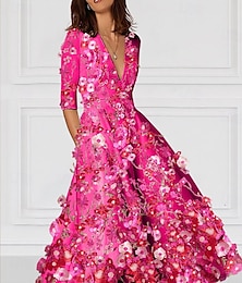 economico -Abito da Cocktail A-Line Floral Elegante Abito Formale Matrimonio Lungo fino alla Caviglia Mezza Manica V Neck Abito Rosa Stretch Crepe con Ricamo e Tasca