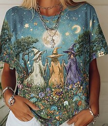abordables -T-shirt femme Halloween graphique sorcière abstrait mode vintage élégante classique à manches courtes col rond hauts réguliers impression quotidienne vert été printemps automne