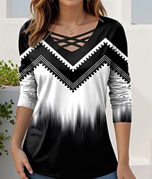 economico -Per donna Maglietta Grafico Geometrico Sfumatura Vintage Elegante Moderno Manica Lunga Scollo a V Top Regolari Quotidiano Sportivo Uscire Taglio Stampato Grigio / Bianco Nero Blu Verde Primavera