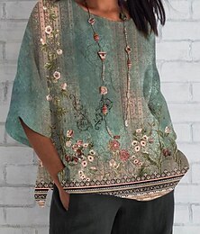 economico -Per donna Camicia Floreale Quotidiano Casual Manica 3/4 Girocollo Top Regolari Quotidiano Ferie Stampato Verde Estate Primavera Autunno