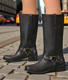 baratos -Botas de montaria femininas estilo western marrom - botas de couro sintético com bico quadrado e cano médio, com fivela, estilo cowboy casual para streetwear de outono e uso ao ar livre