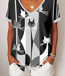 baratos -Halloween Mulheres Camiseta Gráfico Animal Geométrica Vintage à moda Casual Manga Curta Decote V Tops regulares Diário Final de semana Roupas de férias Imprimir Vermelho Azul Verde Cinzento Verão