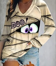 abordables -T-shirt Halloween femme monstre à manches longues col en V graphique décontracté vintage stylé classique haut régulier impression quotidienne orange écru khaki printemps automne préautomne