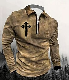 abordables -Homme Graphique Croix Polo manche longue Col Rabattu Style Vintage Occasionnel Sport & Loisir Athleisure Décontracté Quotidien Fermeture éclair Impression 3D Printemps Automne Hiver Marron