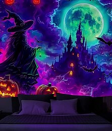 levne -Tapisérie s černým světlem na Halloween čarodějný hrad UV reaktivní svítící ve tmě les psychedelické hory mlhavý hřbitov duch závěsná tapisérie nástěnné umění mural pro obývací pokoj ložnici