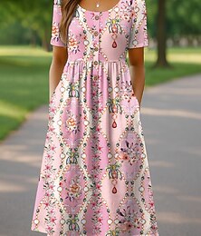 abordables -Femmes Robe Midi Robe Décontractée Robe d'Été Robe trapèze Robe d'été Vacances Occasionnel Chaussures de plage Fête Coupe Ample Fleuri Graphique Manche Courte Col ras du cou Rose Claire Bleu Violet