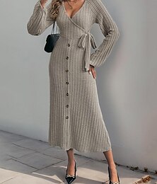 economico -Per donna Abito Midi Abito a Maglia Vestito Casual Moda Moderno Quotidiano Data Weekend Vestibilità regolare Semplice Manica Lunga Scollo a V Cachi Autunno Inverno