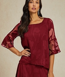 abordables -Mujer Camisa de encaje Blusa Tops elegantes Tops de gasa Color sólido Floral Flor Elegante Manga 3/4 Campana Escote Barco Tops regulares Invitado a la boda Trabajo Diario Costura asimétrica Vino