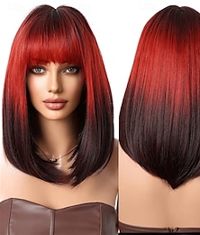 economico -Parrucche bob nere e rosse con frangia, parrucche corte rosse e nere per donne nere, parrucca sintetica da 16 pollici, parrucche per cosplay, parrucche per feste di Halloween.