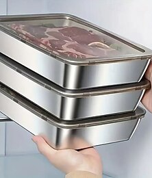 رخيصةأون -مجموعة من 3 حاويات تخزين طعام من الفولاذ المقاوم للصدأ، خالية من مادة BPA، قابلة لإعادة الاستخدام، سهلة التنظيف، تصميم قابل للتكديس لتخزين الفواكه واللحوم والخضروات والثلاجة والمخزن.