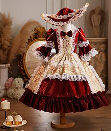 abordables -Steampunk Princesse Chic Maxi Costume de fête Accessoires Manche cloche Princesse Belle Nœud Rétro Robe de bal Col romain Fille Royal Noël Halloween Carnaval Mascarade Fête de mariage Festival Enfant