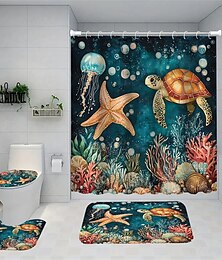 お買い得  -オーシャンビーチシリーズ ヒトデ クラゲ シャワーカーテンセット 装飾アートパターン ホームバスルームカーテン トイレシート装飾 シャワーカーテン カーペット カーペットとトイレ蓋付きシャワーカーテン 12 70.8x70.8インチ