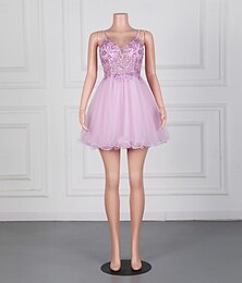 ieftine -Rochii de acasă tip sirenă  trompetă rochie elegantă petrecere de cocktail scurtă  mini fără mâneci cu gât în V din tull cu mărgeluțe