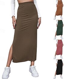 billige -Dame الالتفاف Fritid Maksi Mellomhøyt liv Skjørt عادي Slitte tupper Mikroelastisk Feriereise Gate Svart Rød Lysebrun Brun Sommer Polyester